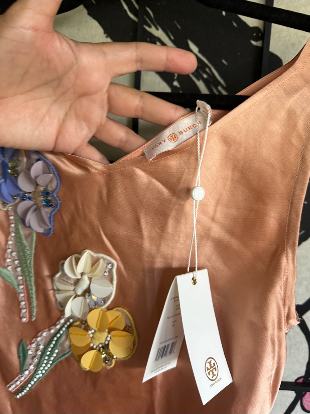 Tory Burch Peach satin slip dress Embellished Silk Camisole with Floral Appliqué